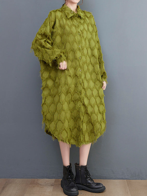 Stylish Long Sleeves Loose Tasseled Color High-neck Midi Dresses