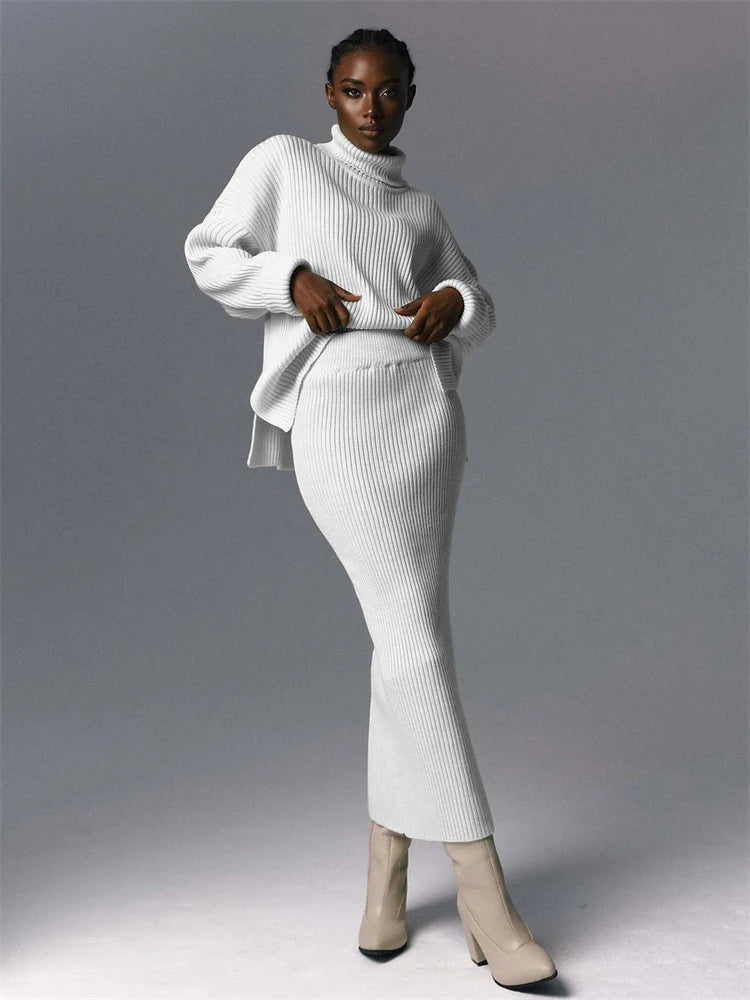 Ribbed Knit 2 Piece Dress Set Outfits Knitwear Top and Midi Skirt Sets for Winter Sweater Sets