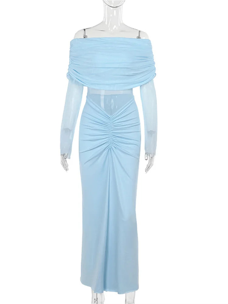 Pleated Mesh Off-shoulder Maxi Dress Female See-through Patchwork High Waist Gown Dress ’s Long Dress