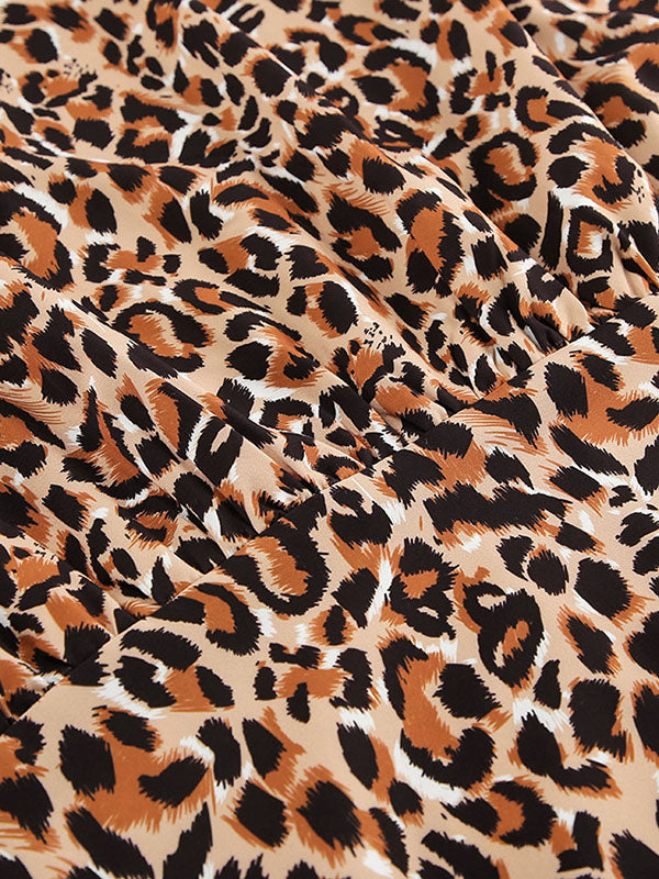 Loose Puff Sleeves Leopard Pleated Printed Split-joint Peter Pan Collar Mini Dresses Shirt Dress