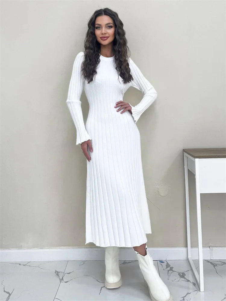 Black Autumn Knitwear Maxi Dress ’s Ribbed Loose Patchwork High Waist Dress Femal Bodycon Knit Dress