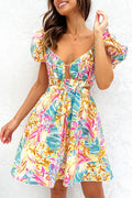 How Sweet Puff Sleeve Cutout Elastic Waist Mini Dress