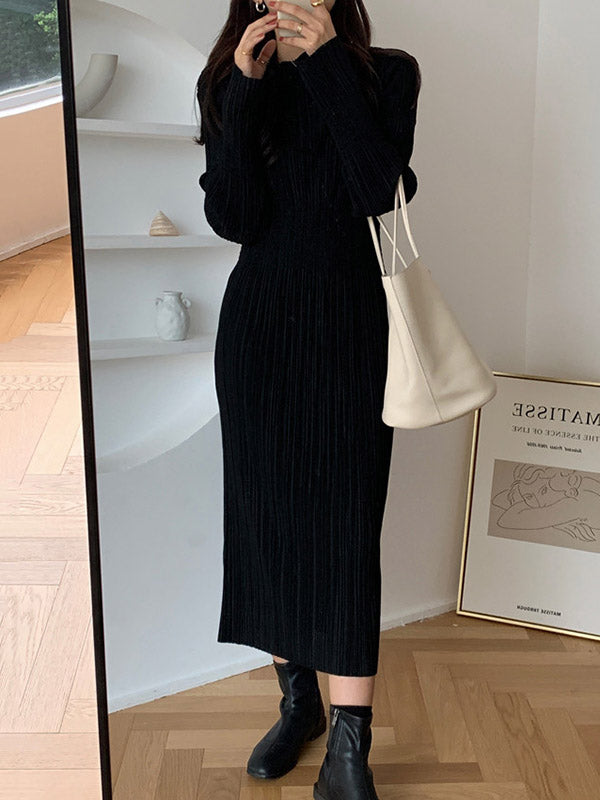 Simple Long Sleeves Black Split-joint Elasticity Waist Pleated Midi Dress