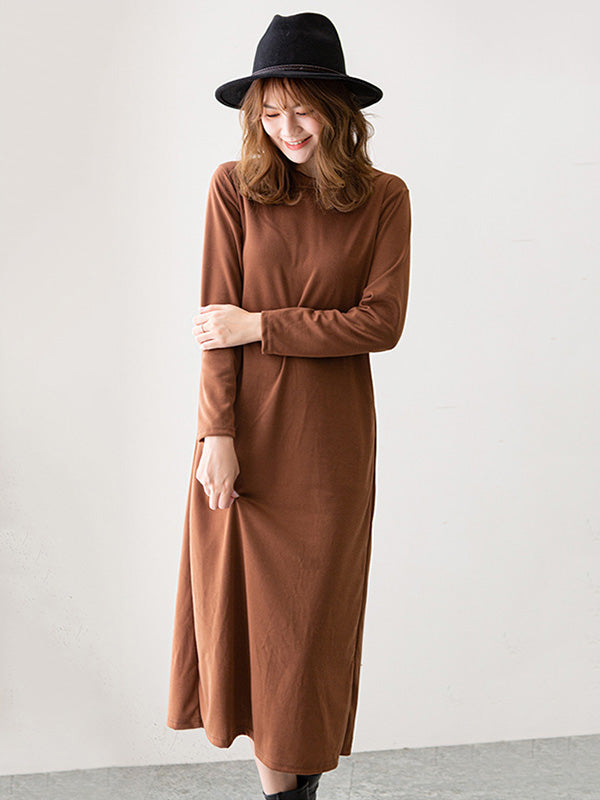 Simple Color Round-neck A-line Midi Dress