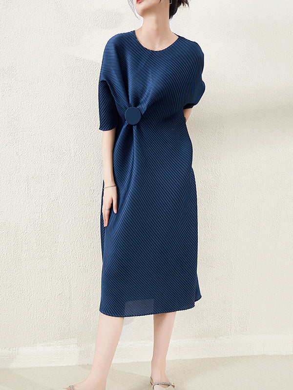 Stylish Irregularity Loose Pleated Color Round-neck Midi Dresses