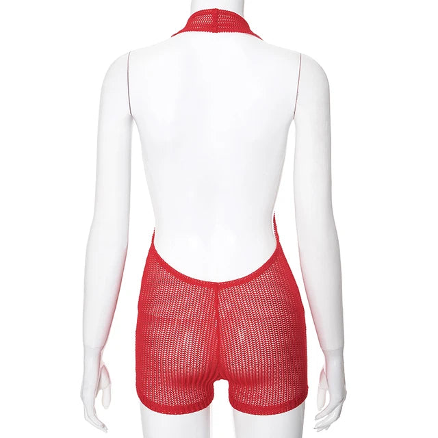 See Through Mesh Short Rompers Deep V Backless Sleeveless Jumpsuit Club Outfits Summer Clothes 202
