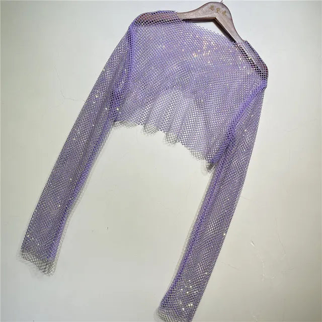 Sparkly Crystal T-shirts O-neck Hollow Out See Through Tank Tops Night Partywear Crop Shirts Tee Y2k Tops