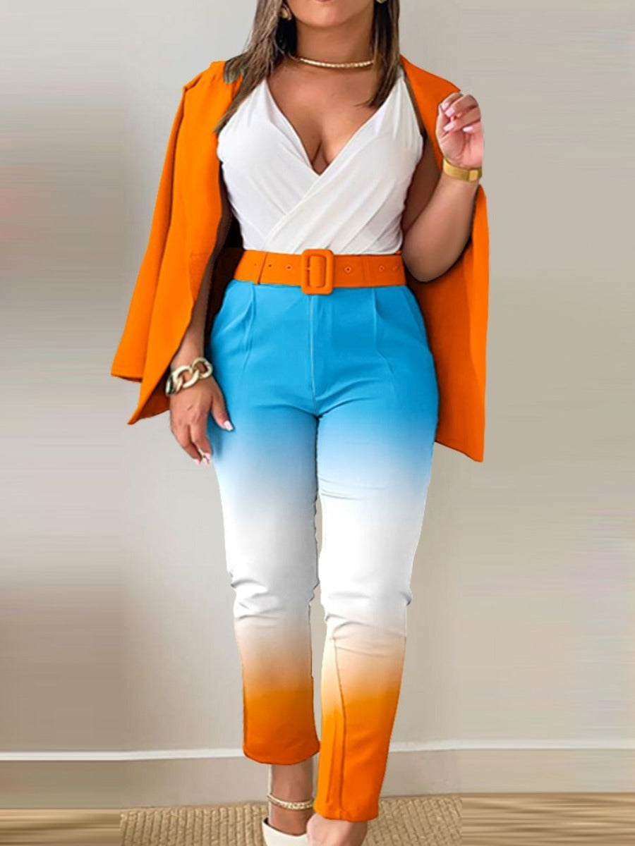 Letter Print Belt Design Blazer Pants Set Bo3021