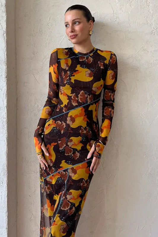 Sheer Long Sleeve Split Maxi Dress
