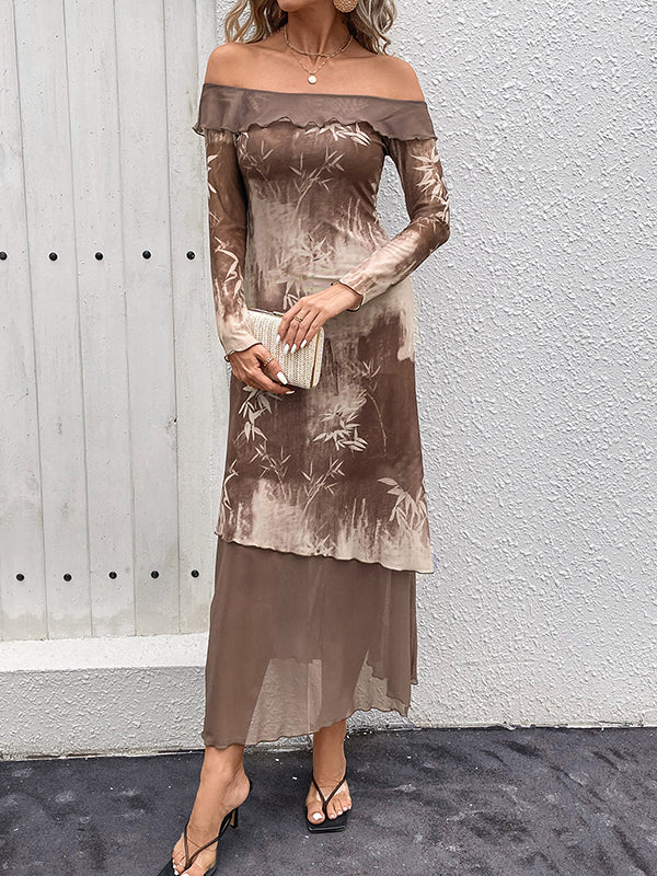 Long Sleeves Double Layered Ruffle Trim See-through Off-the-shoulder Midi Dresses