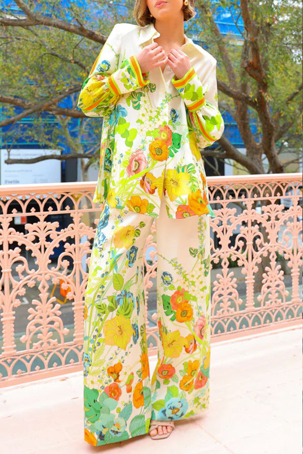 Satin Print Back Elastic Waist Pocketed Wide Leg Pants