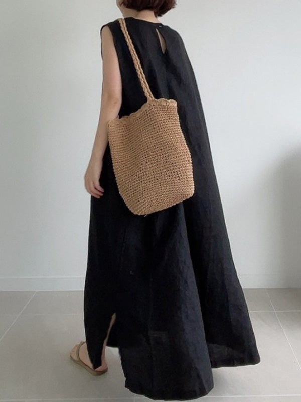 Simple Color Split-side Round-neck Sleeveless Midi Dress