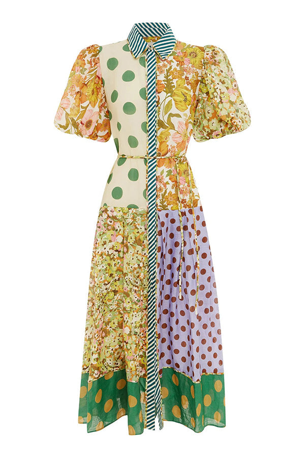 Linen Blend Unique Print Lapel Puff Sleeve Midi Dress