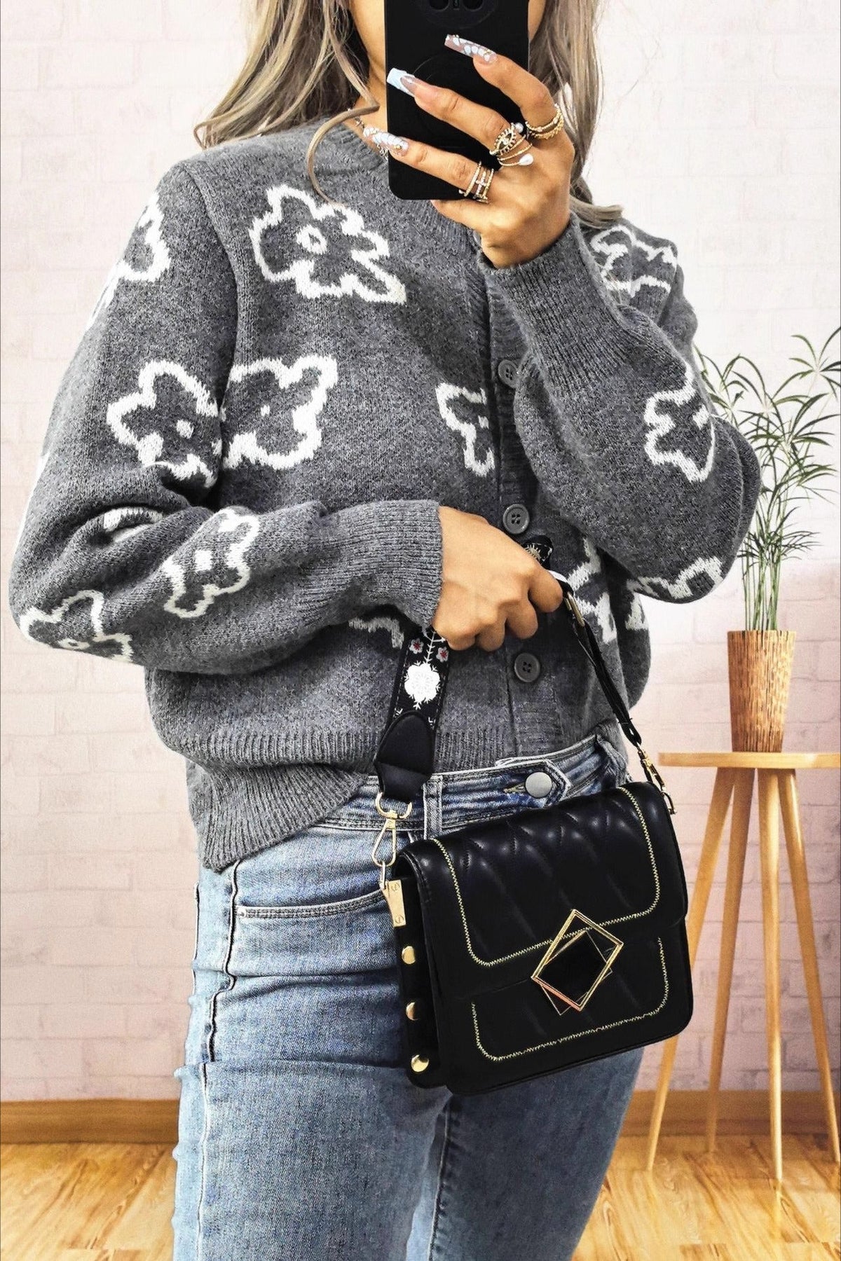 Jacquard Short Single-row Button Knit Cardigan