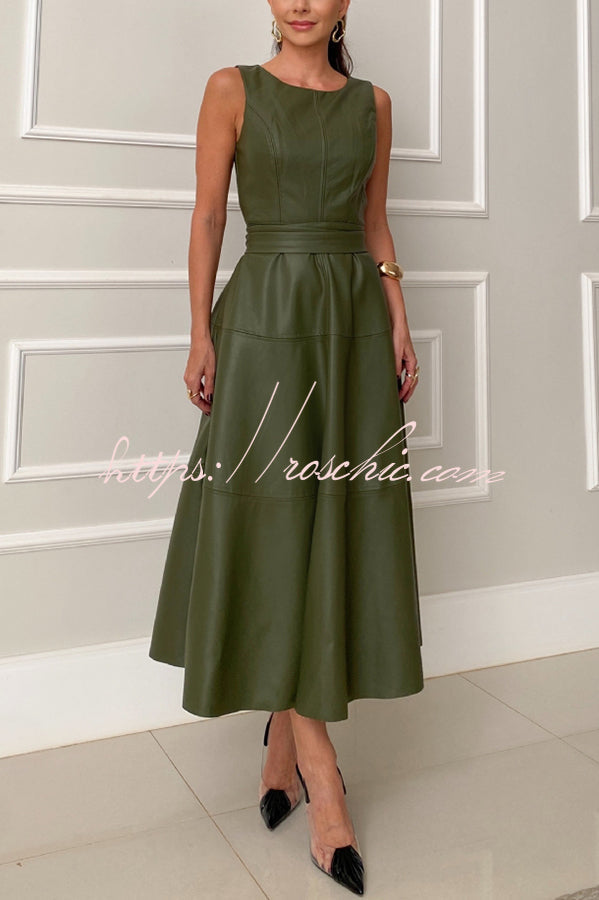 Ensemble Faux Leather Princess Line Back Zipper Umbrella Midi Dress