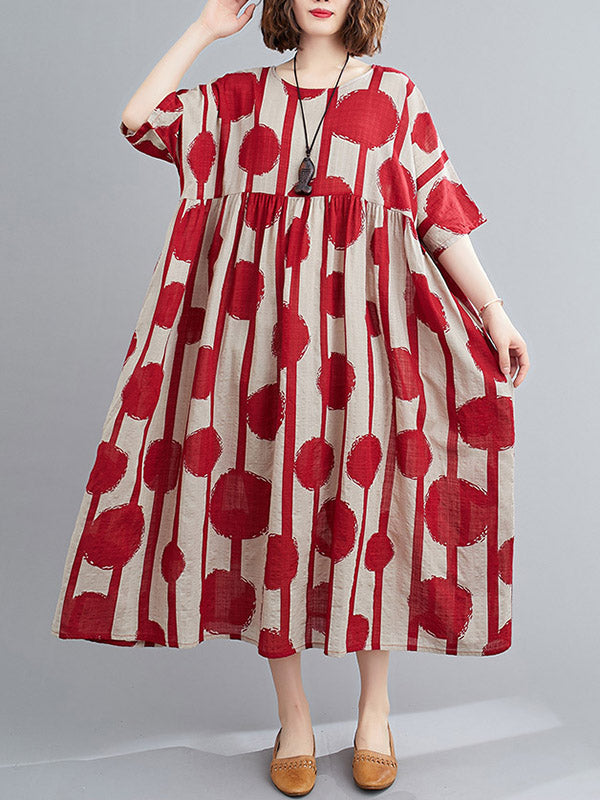 Original Polka-dot Split-joint Round-neck Midi Dress