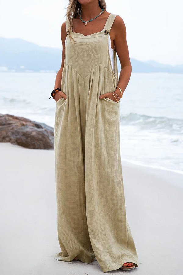 Button Suspender Wide Leg Line Jumpsuit