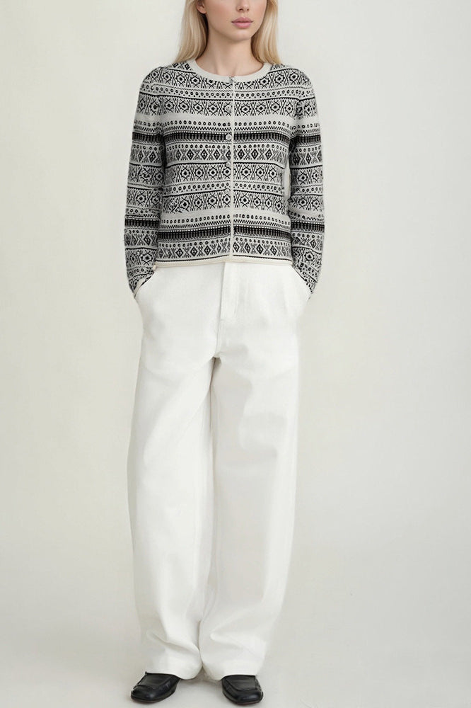 Jacquard Crew Neck Button Knit Cardigan