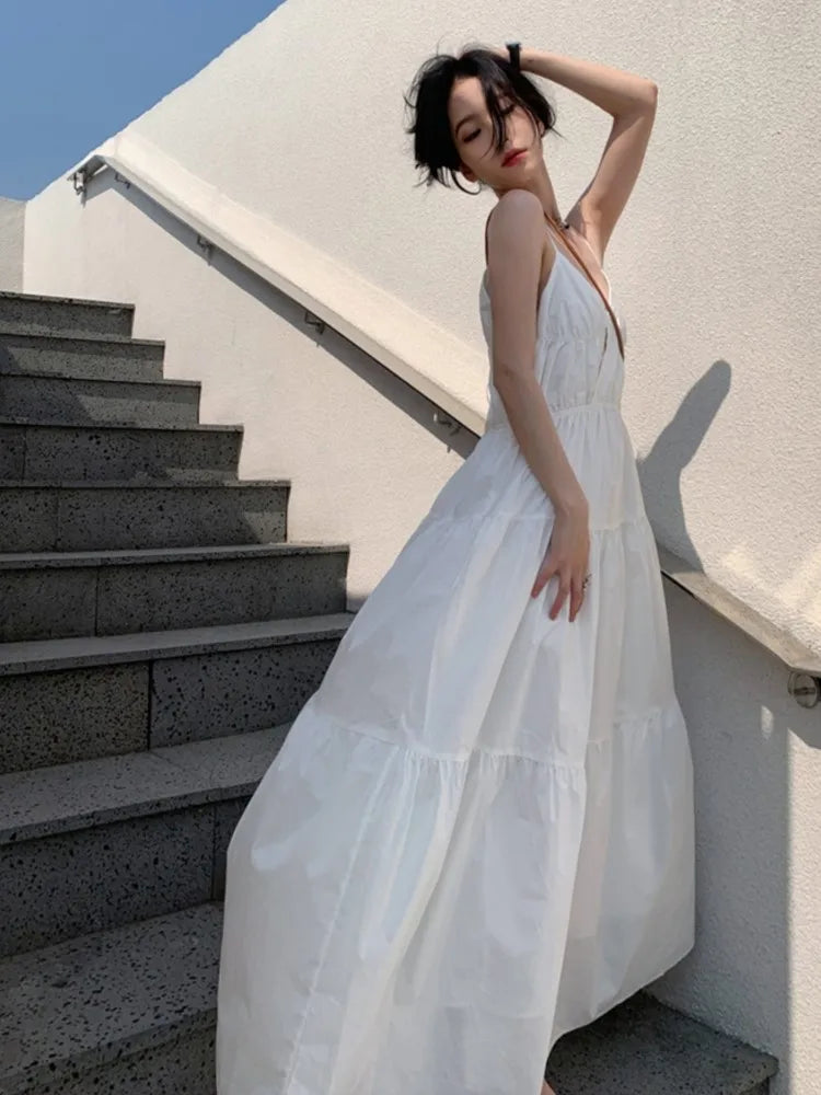 Loose Summer Dress Spaghetti Strap V-neck Vocation Vestidos Korean A-line Clothes New Long Dresses