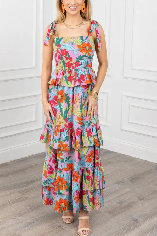 Multicolour Print Knot Strap Ruffle Layered Maxi Dress