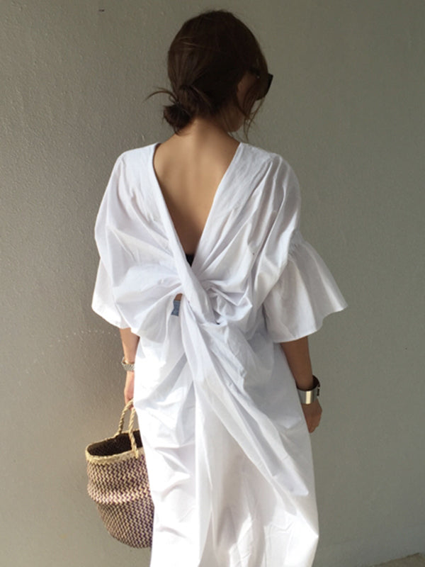 Half Sleeves Loose Pleated Color V-neck Midi Dresses