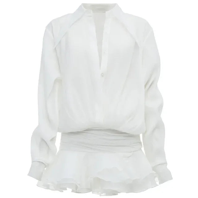 White Chiffon Mini Dress for Loose Oversized Pleated Mini Dress See-through Summer Beach Shirt Dress