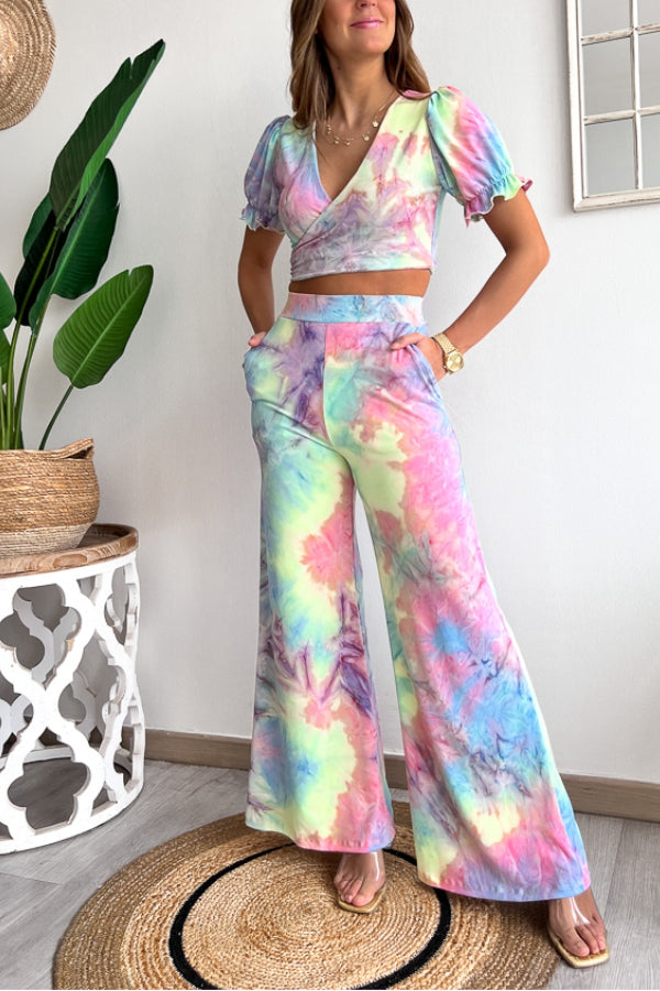 Print V Neck Short Sleeves Crop Top Elastic Waist Wide Leg Pants Set