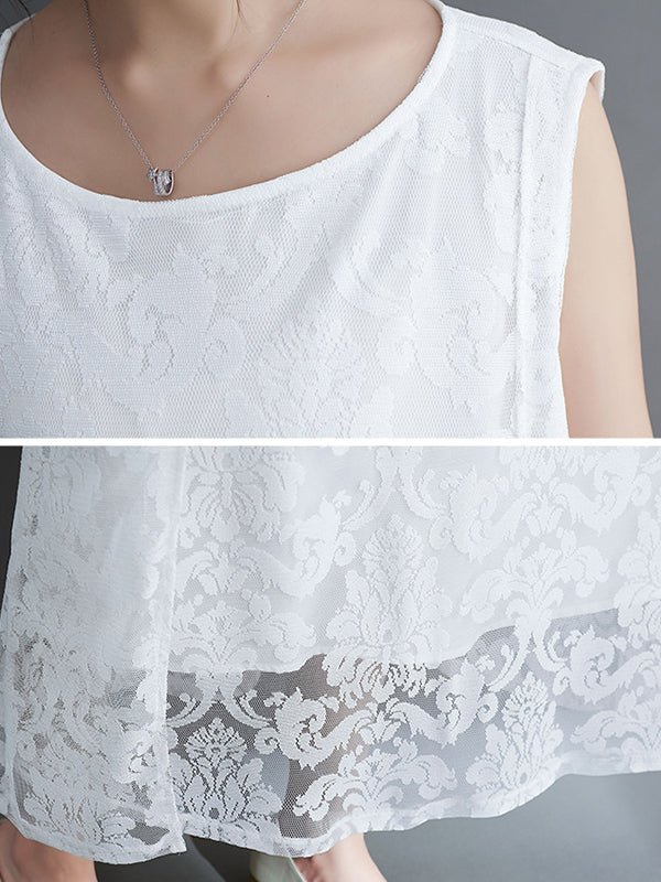 A-line Loose Lacy See-through Color Split-side Round-neck Midi Dresses