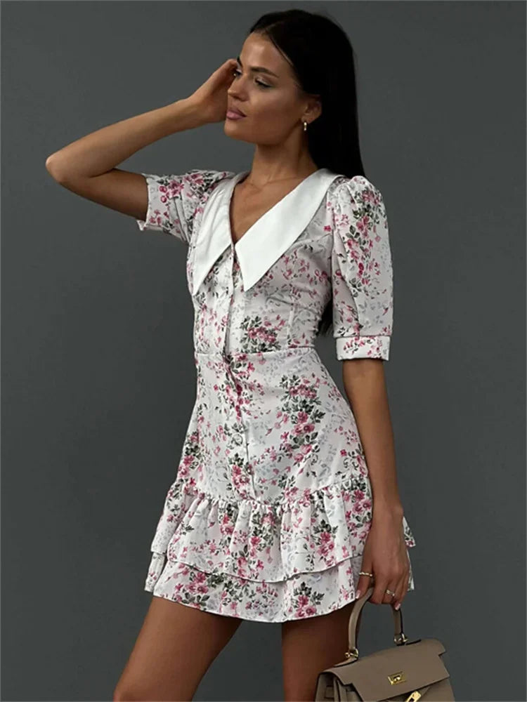 Printed Ruffled V-neck Mini Dress Female Short Sleeve Slim High Waist Party Dress ’s Summer Dress New