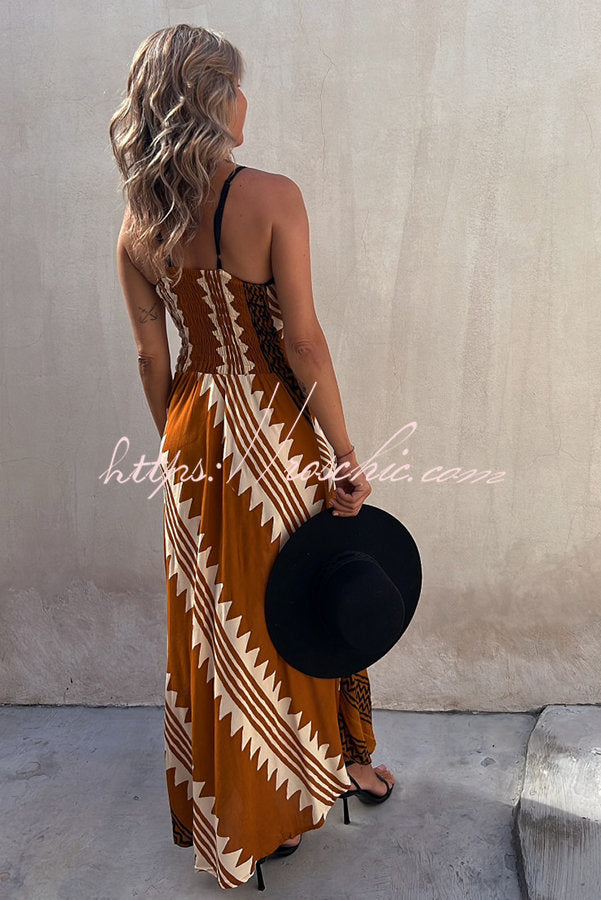 Always Falling Satin Print Smocked Back Midi Dress