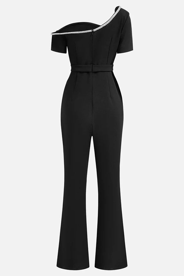 Color Irregular One-shoulder Waist Slim Wide-leg Jumpsuit