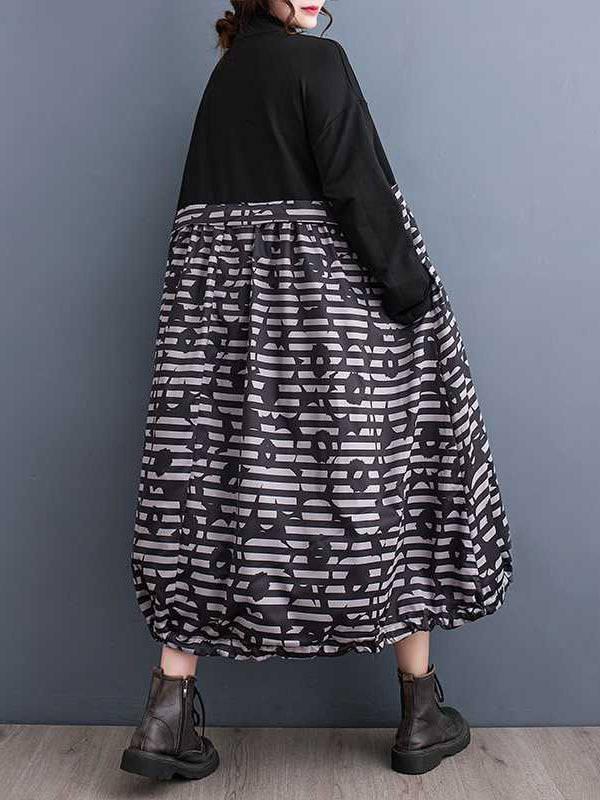 Long Sleeves Loose Drawstring Printed Split-joint Zipper Midi Dresses