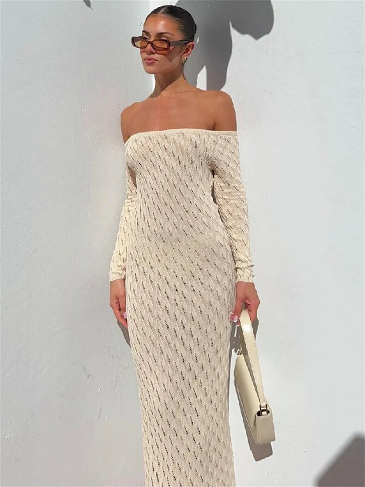 Knit Off-shoulder Maxi Dress – Patchwork Hollow Out Knitwear Dress