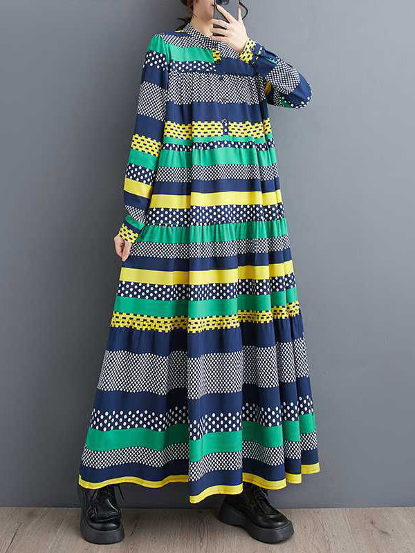 A-line Long Sleeves Buttoned Polka-dot Split-joint Round-neck Midi Dresses