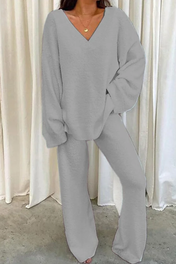 Comfortable Color V-neck Daily Two-piece Set
