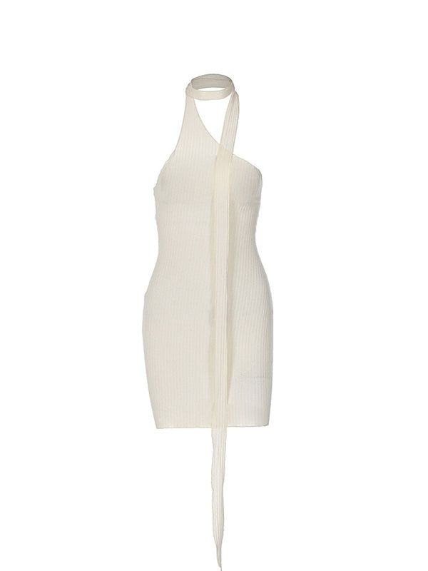 Backless Ribbon Slim Mini Dress With Slanted Shoulder