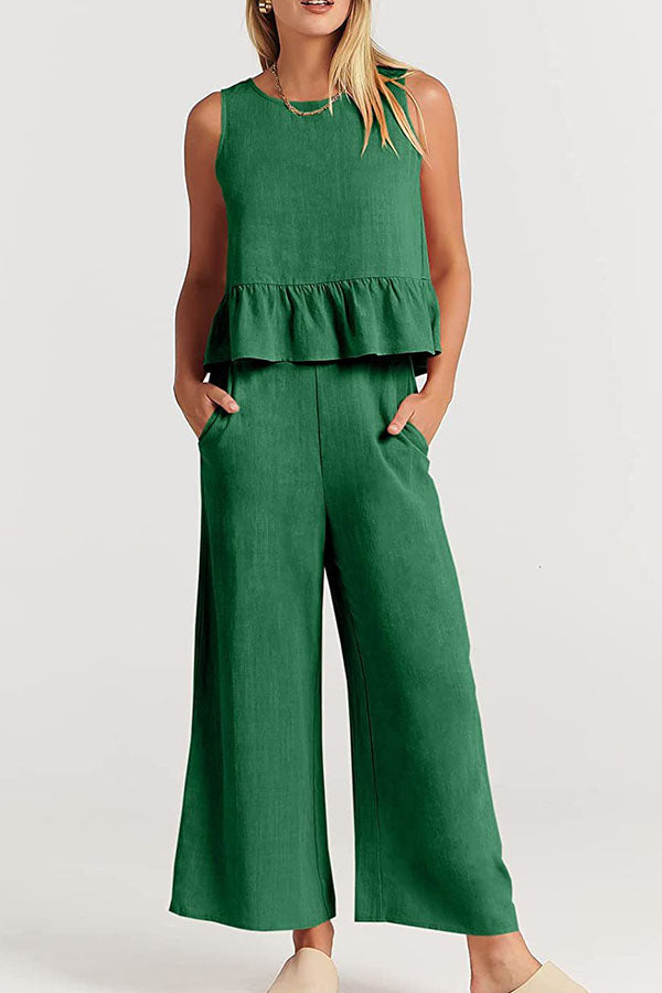 Sleeveless Pleated Vest Wide-leg Cropped Pants Suit