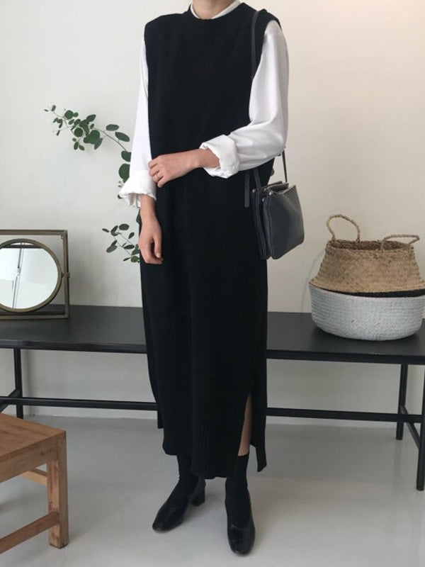 Urban Loose Sleeveless Color Round-neck Midi Dresses Sweater Dresses