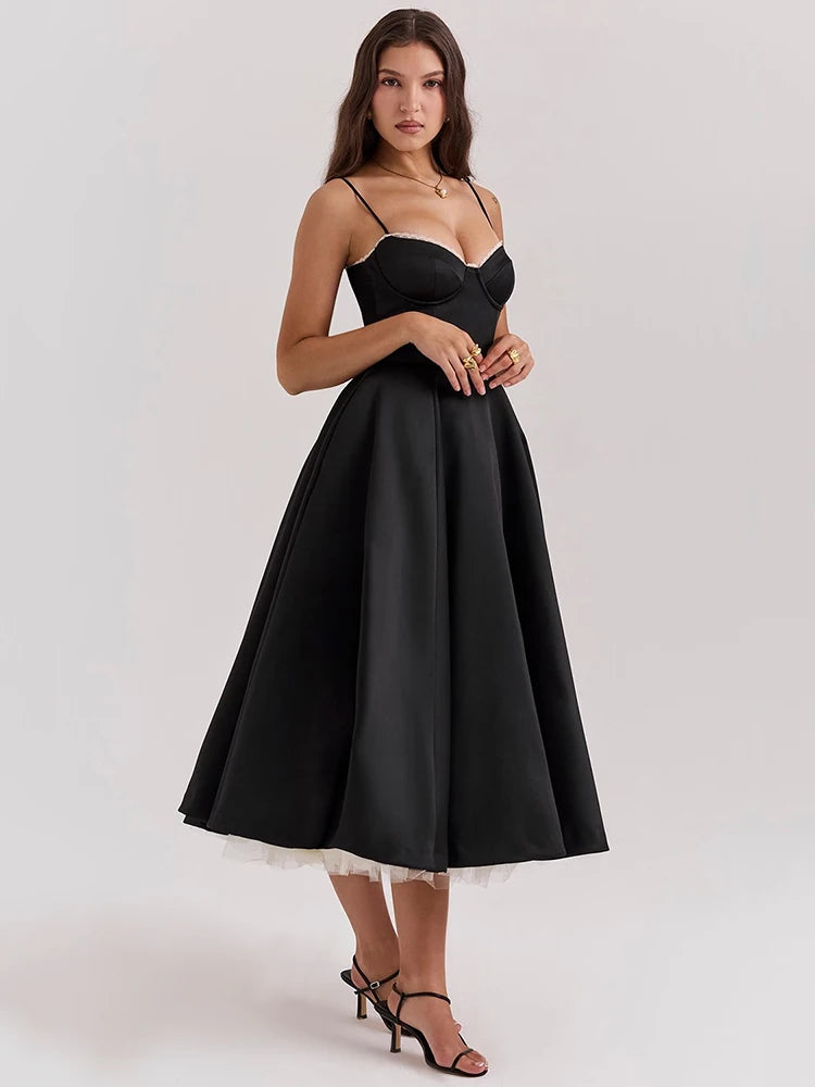 A-line Backless Midi Dress for Spaghetti Strap Sleeveless Loose Club Party Dress New