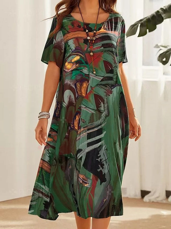 A-line Loose Printed Round-neck Midi Dresses