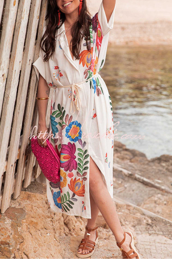Plant Print Lapel Short Sleeve Waist Tie Loose Vacation Midi Dress