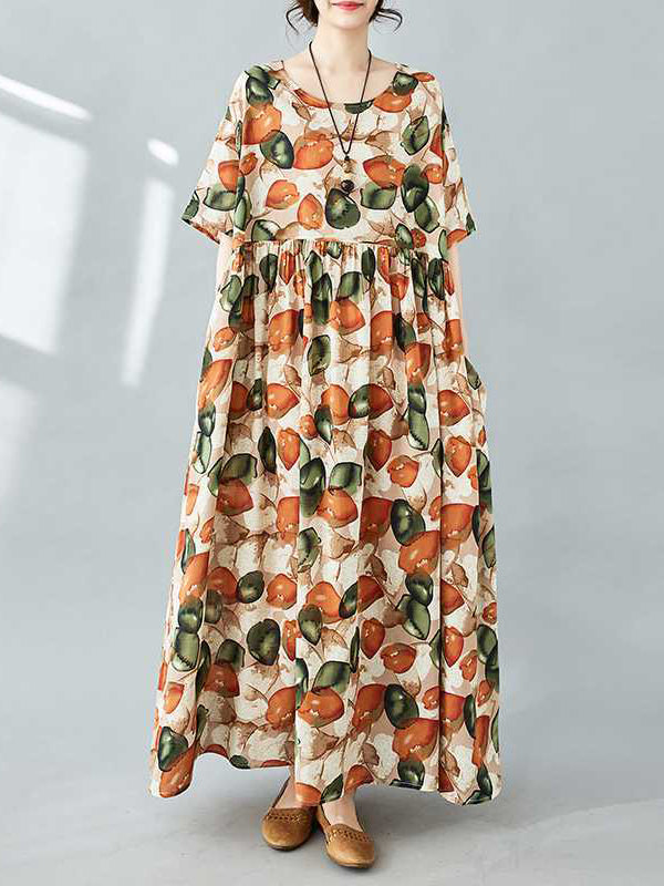 Half Sleeves Loose Pleated Printed Split-joint Round-neck Midi Dresses