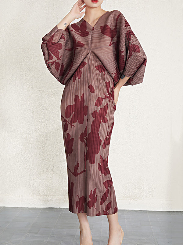 Batwing Sleeves Loose Pleated Printed V-neck Midi Dresses