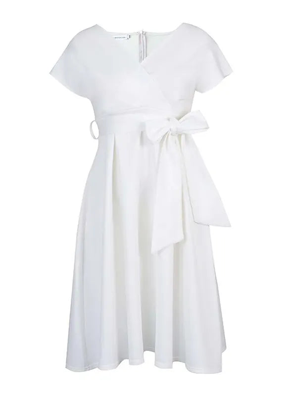 Bowknot Lace-up Color V-neck Midi Dresses