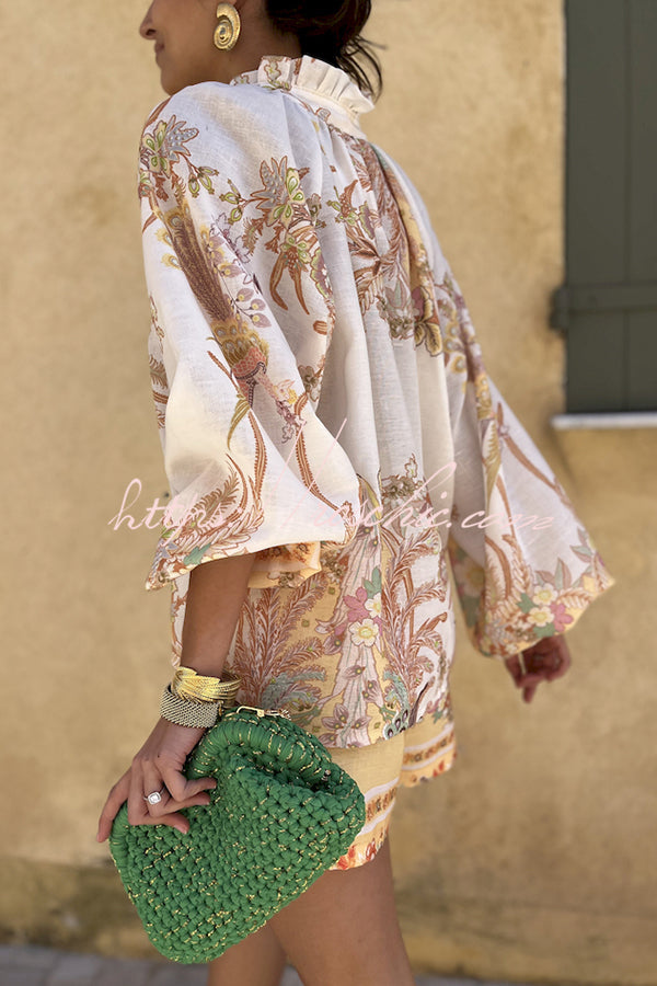 Botanical Print Palace Style Stand-up Collar Lantern Sleeve Loose Top and Shorts Set