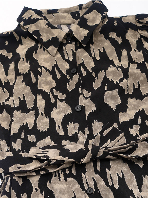 Long Sleeves Loose Printed Split-joint Tied Waist Lapel Midi Dresses Shirt Dress