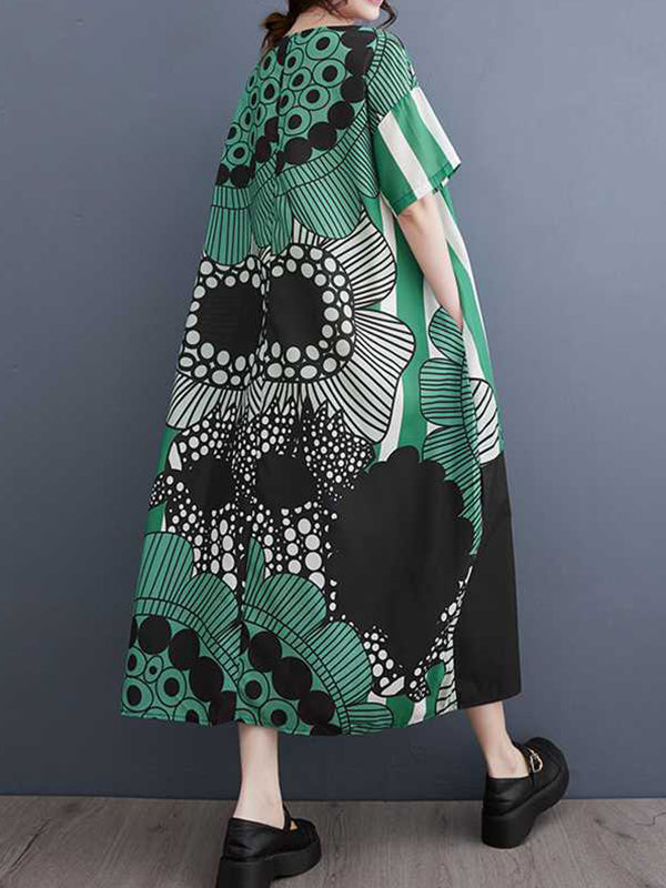 A-line Loose Flower Print Pockets Split-joint Round-neck Midi Dresses