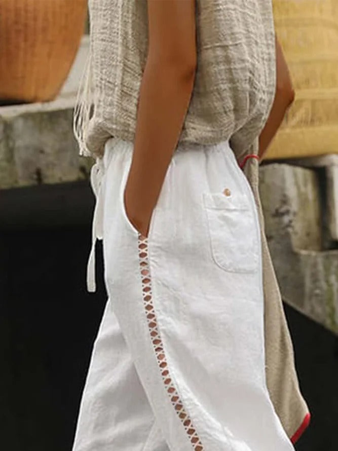 Loose Hollow Out Lace Pockets Drawstring Waist Plain Linen Pants