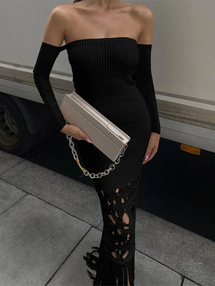 Knitted Tassel Maxi Dresses for Hollow Out Bodycon Dress ’s Off the Shoulders Evening Dress Woman