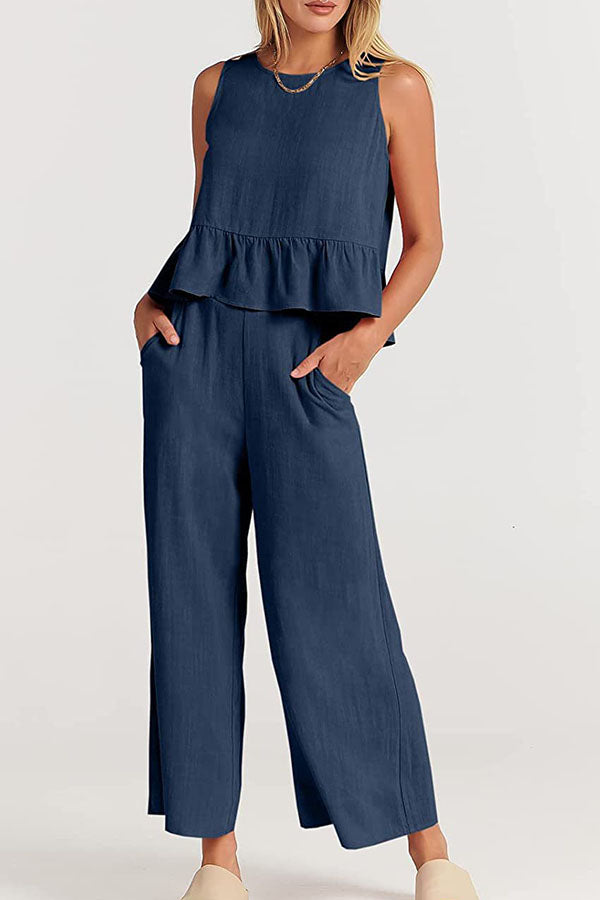 Sleeveless Pleated Vest Wide-leg Cropped Pants Suit